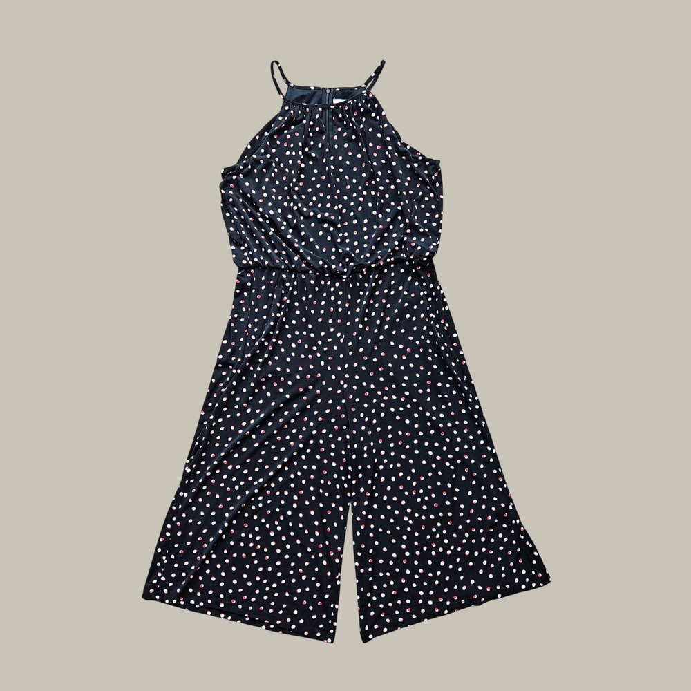 Wisp Womens Black Red Polka Dot Halter Wide Leg Cropped Jumpsuit Size 14